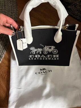 Coach Black and White Leather Logo Tote